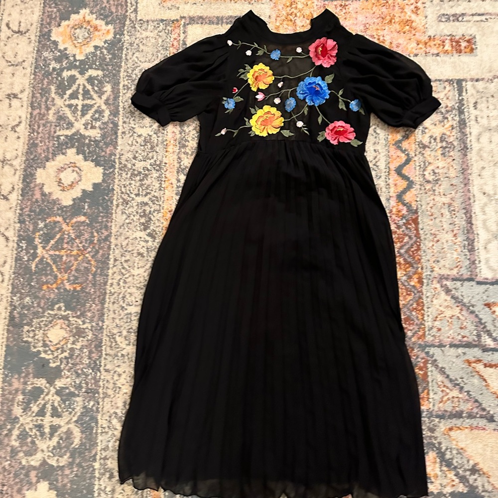 ASOS MATERNITY black pleated dress with embroidered floral detail
